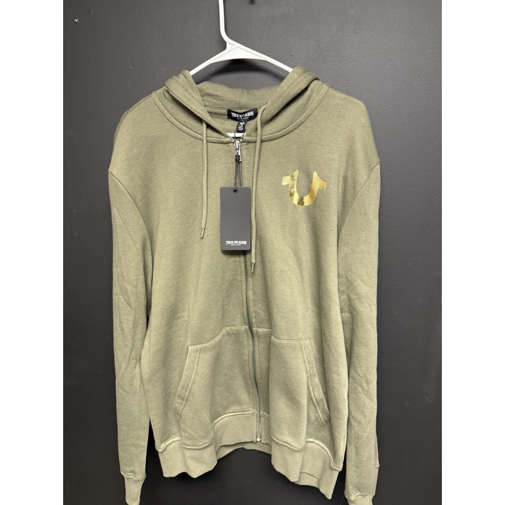 True Religion Full Zip Hoodie Mens L City Buddha Green Gold Sweatshirt NWT $119